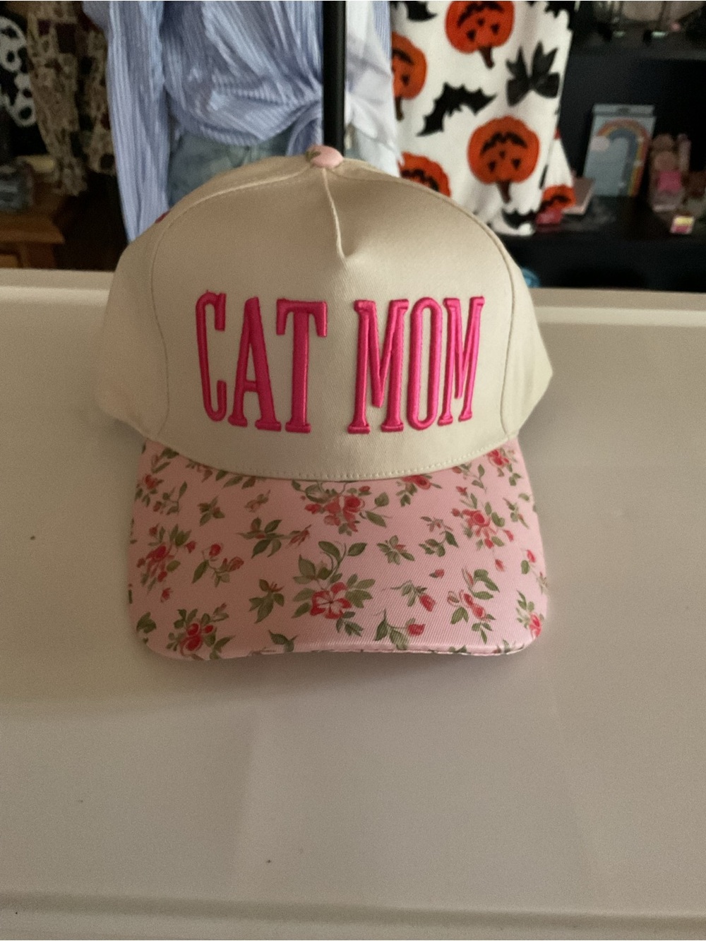 Cat Mom Floral Baseball Hat - Pink & Cream